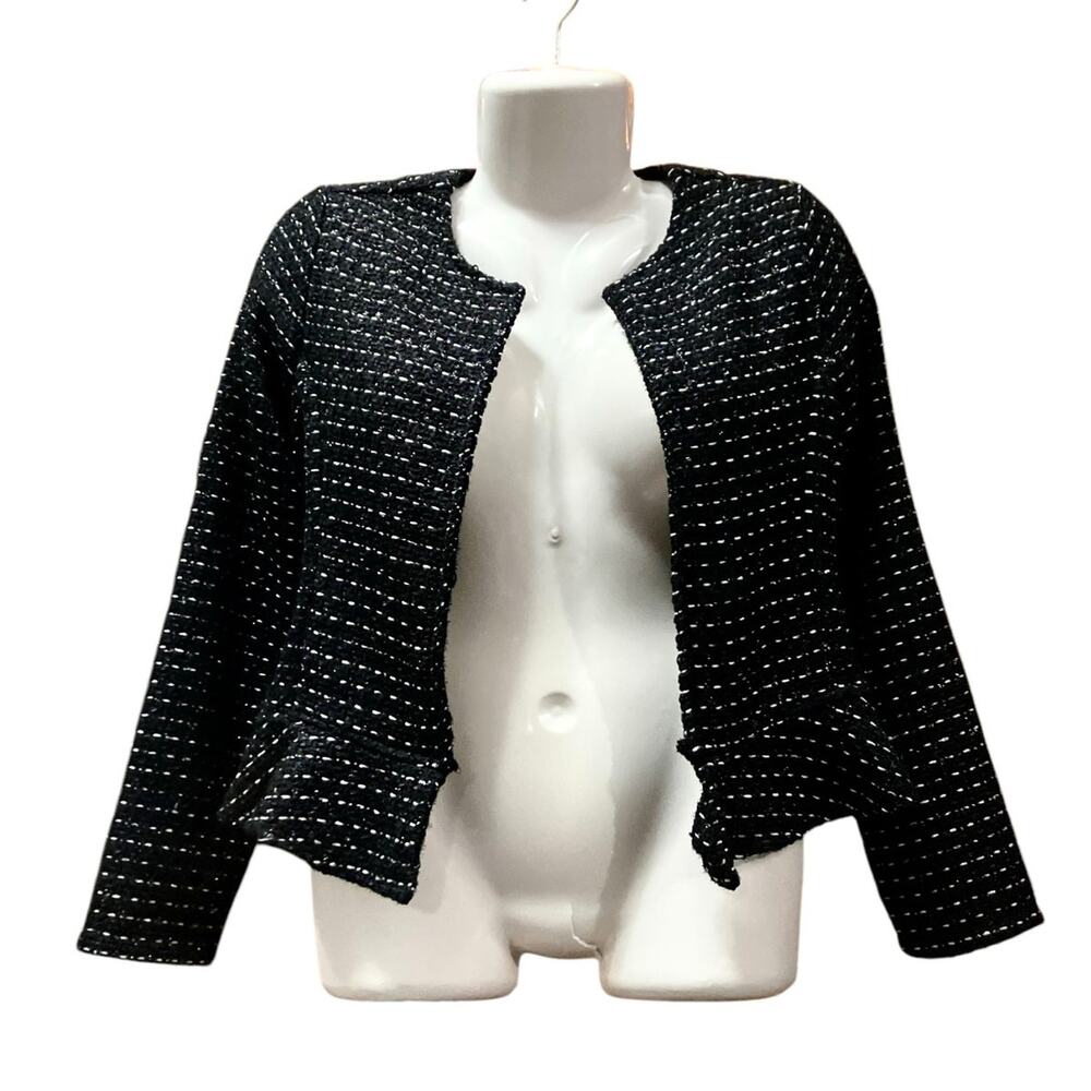 DOLAN Anthropologies Black Tweed Peplum Metallic Ruffle Open Jacket Preppy SZ XS